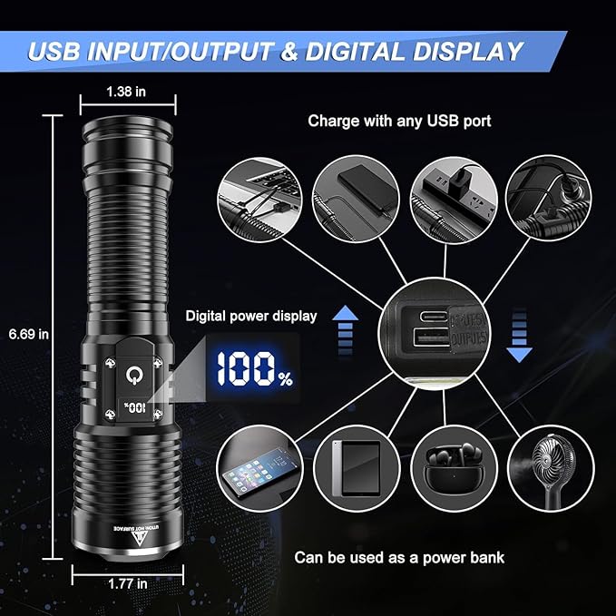 Flashlights High Lumens Rechargeable, 990000 Lumens Super Bright LED Flashlight, Powerful Tactical Flashlights, Brightest Waterproof Zoomable Handheld Flash Light High Powered for Camping Emergencies