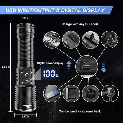 Flashlights High Lumens Rechargeable, 990000 Lumens Super Bright LED Flashlight, Powerful Tactical Flashlights, Brightest Waterproof Zoomable Handheld Flash Light High Powered for Camping Emergencies