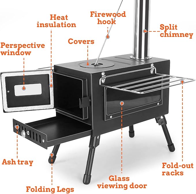 Outdoor Camping Stove, Portable Wood Burning Stove with Chimney Pipe for Tent, Shelter, Heating and Cooking (Pipe Diameter: 2.36")