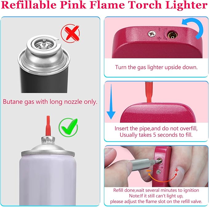 2 Pack Pink Flame Torch Lighter,Cute Glitter Pink Lighter,Refillable Butane Lighter, Windproof Lighter for Outdoor Camping BBQ Candle,Nice Gift for Girls,Women on Birthday,Mother's Day Without Butane
