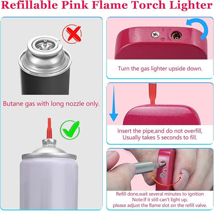 2 Pack Pink Flame Torch Lighter,Cute Glitter Pink Lighter,Refillable Butane Lighter, Windproof Lighter for Outdoor Camping BBQ Candle,Nice Gift for Girls,Women on Birthday,Mother's Day Without Butane