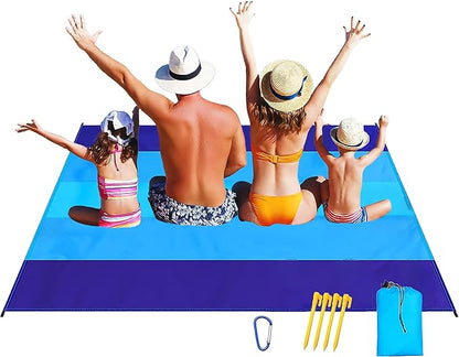 Beach Blanket Sandproof Extra Large Beach Mat Adults Waterproof Quick Drying,Big & Compact Sand Free Mat,Lightweight & Durable with 4 Stakes for Travel Camping Hiking Picnic (Bule-Mixed)