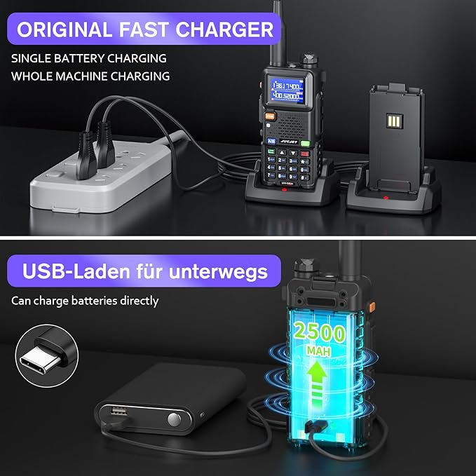5RH Ham Long Rang Walkie Talkies 10W (Upgraded of UV-5R), 999CH One Key Frequency Match, 2500mAh Battery Rechargeable Walkie Talkies, with Programming Cable, Earpiece, Type-C Charging(1 Pack)