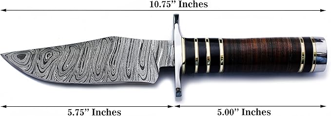 Handmade Damascus Steel Knife Bowie for Hunting,Survival,Camping,Bushcraft and Fishing Fixed Blade Dagger with Clip point Full Tang Micarta Handle, Leather Sheath - WKD-780