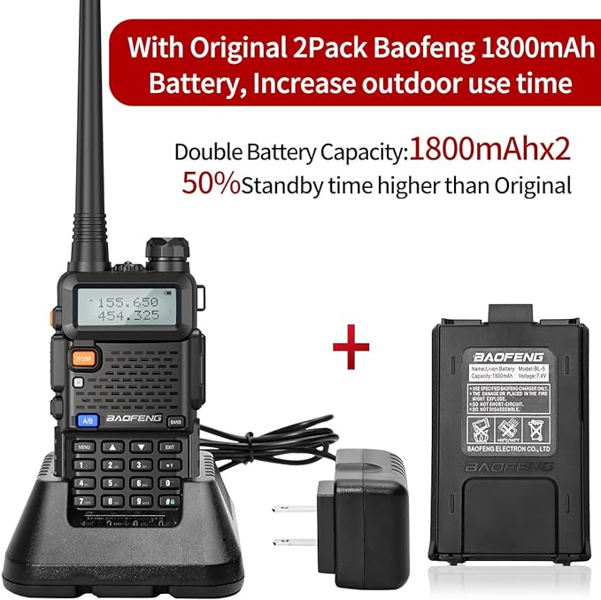 Baofeng UV-5R 8W Ham Radio Long Range UV5R Dual Band VHF UHF Handheld High Power Walkie Talkies with 4Pack Battery,Programming Cable,Speaker Mic and Headsets Two Way Radio,2Pack
