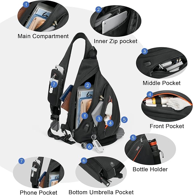 TUDEQU Sling backpack, 8 Pockets Sling Bag Crossbody, 19L Large Sling Bag for Men Travel Crossbody Backpack Hiking Outdoor