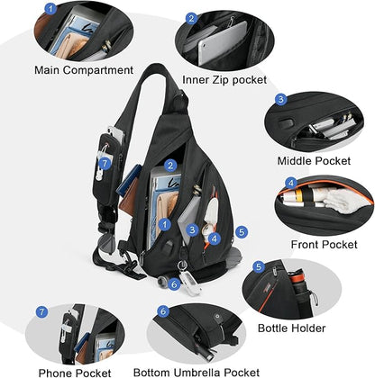 TUDEQU Sling backpack, 8 Pockets Sling Bag Crossbody, 19L Large Sling Bag for Men Travel Crossbody Backpack Hiking Outdoor