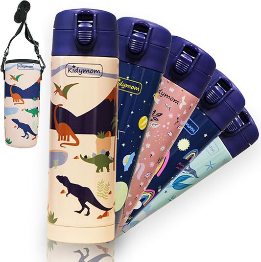 Stainless Steel Water Bottle Kids 12 oz With Carrying Pouch| Insulated Water Bottle For Kid, Toddler, Girls, Boys or Teen | Leakproof, BPA-Free | Little Metal Tumbler for School (Dinosaur)