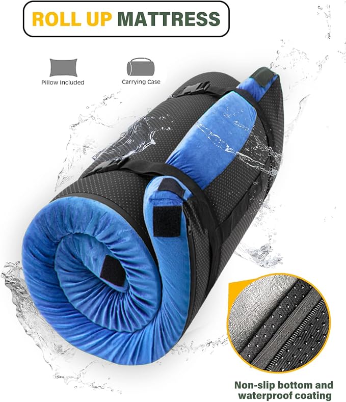 Memory Foam Camping Mattress Sleeping Pad,3 Inch Waterproof Camping Mat to Portable Roll Up Mattress for Floor,Car,Tent Travel,Cot,Soft Thick Sleeping Mat for Kids Adults Camping Sleepover