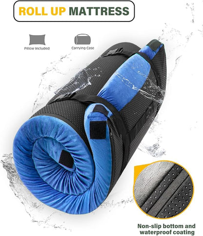 Memory Foam Camping Mattress Sleeping Pad,3 Inch Waterproof Camping Mat to Portable Roll Up Mattress for Floor,Car,Tent Travel,Cot,Soft Thick Sleeping Mat for Kids Adults Camping Sleepover