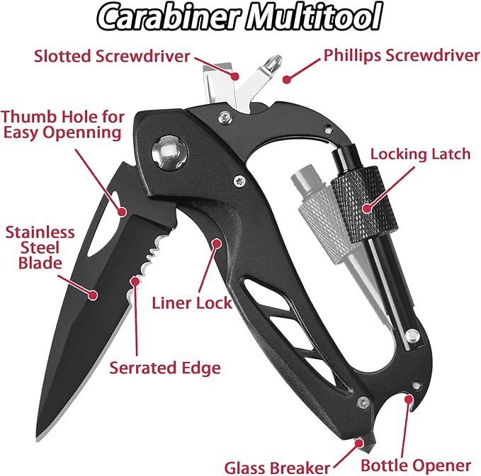 Carabiner Multitool 7-in-1, Carabiner with Pocket Knife, Serrated Folding Knife, Rope Cutter, Bottle Opener, Window Breaker, Screwdriver, Unique Gifts for Men, Outdoor Survival Gear, Camping Hiking