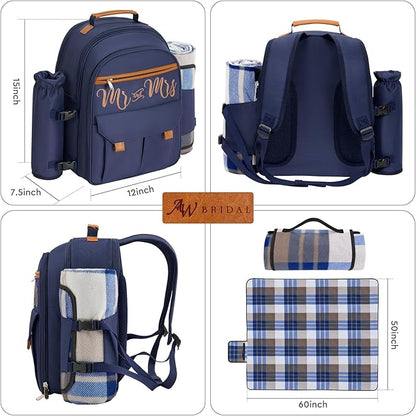 Couple Gifts 22L Picnic Basket Set, Blue Insulated Picnic Backpack for 2, Leak Proof Cooler Camping Gifts, Cool Bridal Shower Gifts Anniversary Engagement Wedding Gifts for Couples, Mr and Mrs Gifts