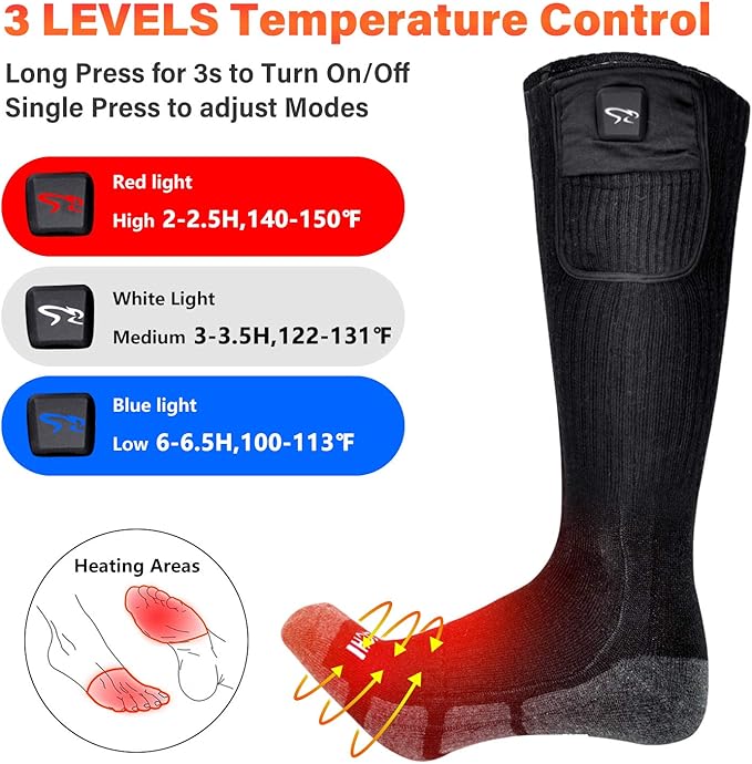 Battery Heated Socks - Rechargeable Warm Winter Socks for Men Women, Foot Warmers for Camping Hunting Running Hiking Riding Skiing Cycling Motorcycle Cold Feet