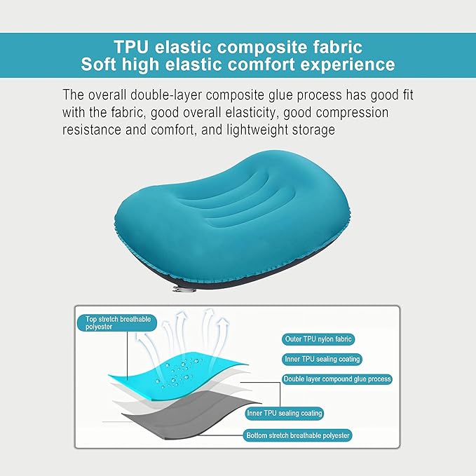 Portable Inflatable Neck Pillow for Outdoor Travel, Camping, Office Naps-Polyester，Color Available-Simple and Comfortable (Cyan)