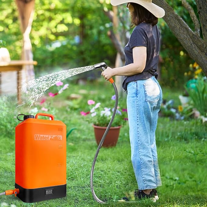 Portable Outdoor Shower, 4.5 Gallon Silicone Water Tank, Battery Powered and with Temperature Display, Solar Heating, Easy to Carry, Emergency Water in The car, Very Suitable for Camping, Beach