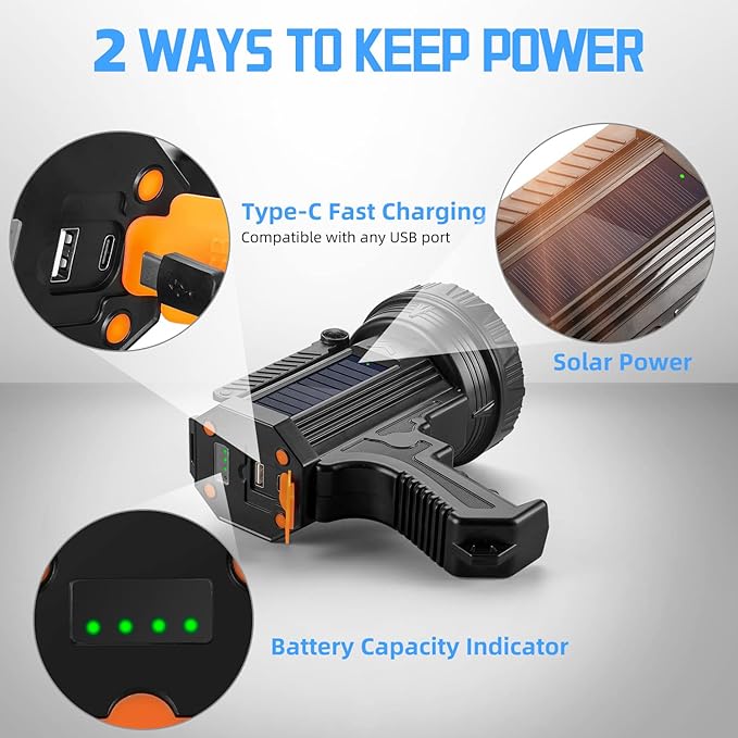 YIERBLUE Rechargeable Spotlight Flashlight with Solar Panels, 1000,000 High Lumen Outdoor Handheld Spot Lights and Flood Light, Foldable Stand and 3 Colors Lenses for Boating Hunting and Camping
