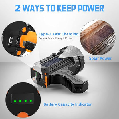 YIERBLUE Rechargeable Spotlight Flashlight with Solar Panels, 1000,000 High Lumen Outdoor Handheld Spot Lights and Flood Light, Foldable Stand and 3 Colors Lenses for Boating Hunting and Camping