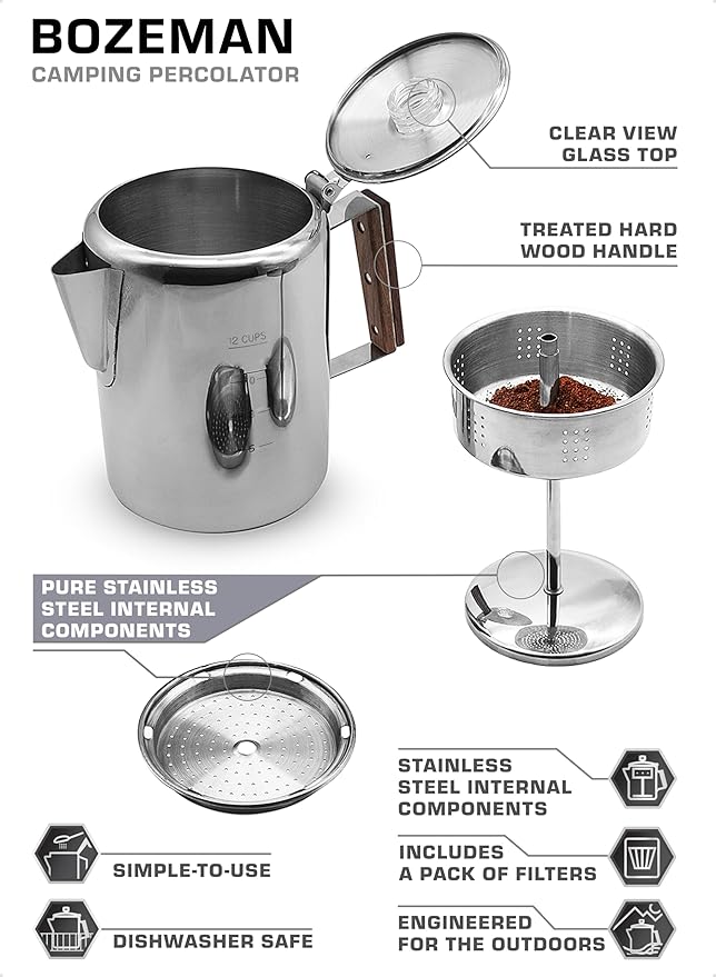 COLETTI Bozeman Camping Coffee Pot — America’s Favorite Percolator [12 cup]