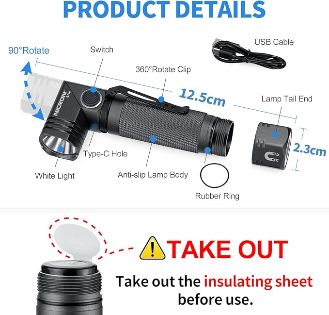 1300 Lumens Rechargeable Magnetic Flashlight, 6 Modes LED 90 Degree Flashlight Twist IP65 Waterproof High Bright EDC Pocket Torch, Tactical Flashlight for Camping, Emergency, Repair, Outdoor