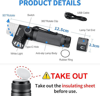 1300 Lumens Rechargeable Magnetic Flashlight, 6 Modes LED 90 Degree Flashlight Twist IP65 Waterproof High Bright EDC Pocket Torch, Tactical Flashlight for Camping, Emergency, Repair, Outdoor