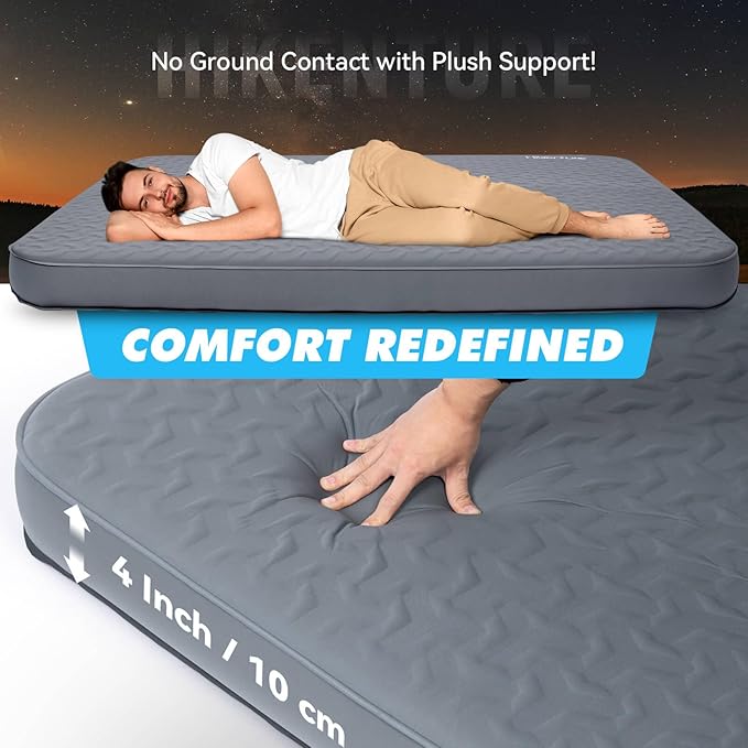 Hikenture 4" Thick Self Inflating Sleeping Pad with Electric Pump, Ultralight Foam Camping Mattress 2 Person, 9.5 R-Value Insulated Sleeping Mat, Portable Double Camping Pad for Tent, Car, Truck