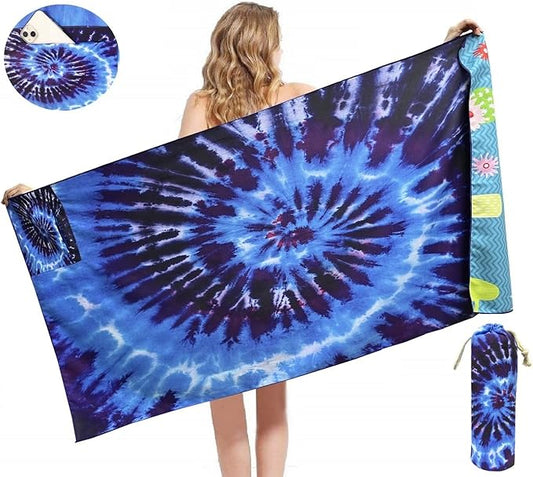 Beach Towel Microfiber Beach Towel with Pocket Sand Free Beach Blanket Super Lightweight Thin Towels for Swimming Pool, Camping, Picnic, Yoga Gym Sports, Blue Die dye Beach Towels (tie dye blue)