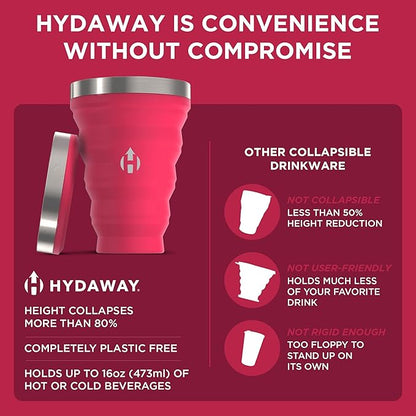 HYDAWAY Collapsible Pint - 16 oz, Silicone & Steel Rim I Collapsible Cup for Beer, Water & Soda, Portable Drinking Cup for Party, Camping, Backpacking & Hiking, Folding Travel Cups Collapse to 1-inch