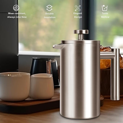 12 OZ French Press Coffee Maker, Sturdy Insulated Full Stainless Steel Coffee Press, Mini Small Camping French Presses Maker, 1-2 Cup Teapot for Kitchen Travel Elegant Silver 350ml