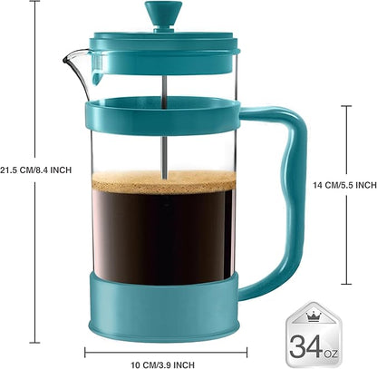 Utopia Kitchen French Press Espresso and Tea Maker with Triple Filters, Stainless Steel Plunger and Heat Resistant Borosilicate Glass (Aqua, 34-oz (Pack of 1))