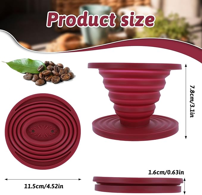 Collapsible Pour Over Coffee Dripper, Reusable Silicone Filter Holder, Travel Portable Pour Over Coffee Maker for Camping Picnic Party Traveling Office(Red)