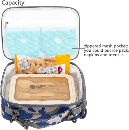 FlowFly Kids Lunch Bag, Durable Insulated School Lunch Box with Shoulder Strap and Bottle Holder, Water-resistant Thermal Small Lunch Cooler Tote for Teen Boys & Girls,Blue Camo