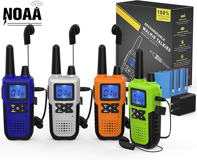 4 Long Range Walkie Talkies Rechargeable for Adults - NOAA 2 Way Radios Walkie Talkies 4 Pack - Long Distance Walkie-Talkies with Earpiece and Mic Set Headset USB Charger Battery Weather Alert
