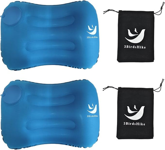 2 Pack Inflatable Pillow Camping, Inflatable Air Pillow for Neck and Lumbar Support, Press-to-Inflate Design, Travel Pillows for Camping, Hiking, and Backpacking - Blue
