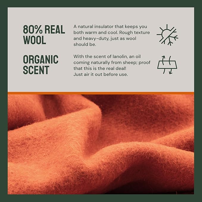 Woolly Mammoth Merino Wool Blanket - Large 66" x 90", 4LBS Camp Blanket | Throw for The Cabin, Cold Weather, Emergency, Dog Camping Gear, Hiking, Survival, Army, Outside, Outdoors – Orange