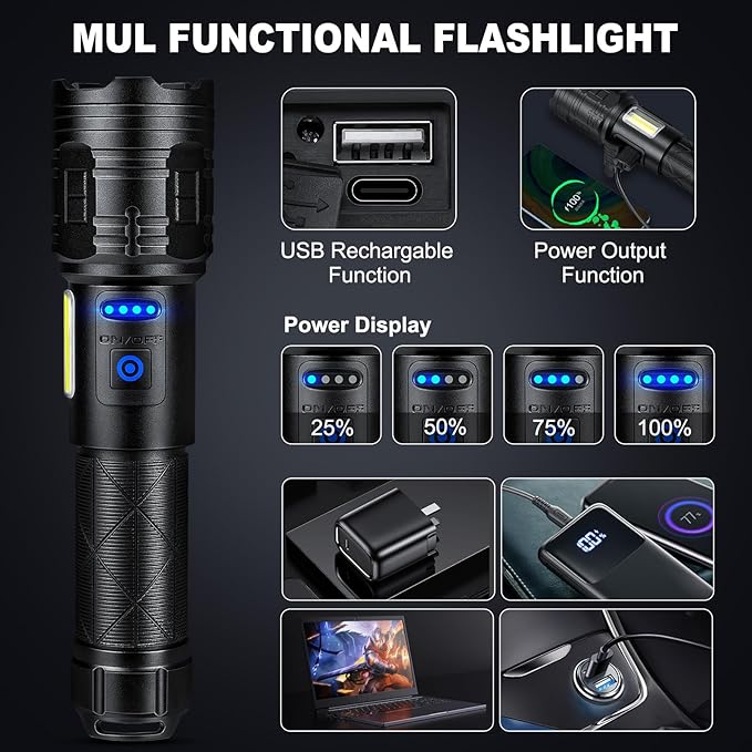 Rechargeable LED Flashlights High Lumens 2 Pack, 900000 Lumen Super Bright Flashlight with USB Cable, 7 Modes Powerful Flashlight Waterproof Flash Light for Home Emergencies Camping
