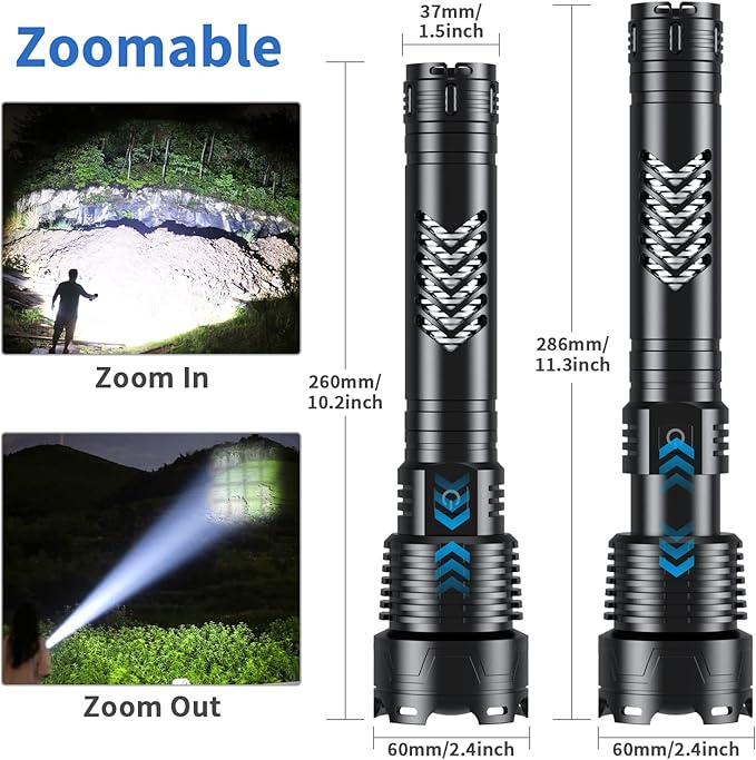 Super Bright LED Flashlight, 3600000 High Lumen Rechargeable Flashlights with Long Handle, 10000mAh Battery, Zoomable 5 Modes for Outdoor Camping, Emergencies
