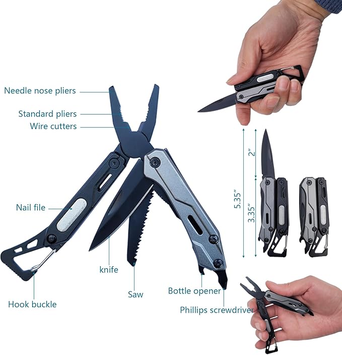 Mini pockets multitool 8-in-1 with Mini Tools Knife Pliers and Wood saw - Multi Tool All in One, camping and hiking gear, EDC gadgets, Pockets folding knife pliers. Christmas gift for man and dad