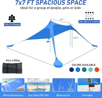 Beach Tent Pop Up Shade Canopy Sun Shelter UPF50+ with 2 Stability Poles/Carry Bag/Ground Pegs/Sand Shovel/Windproof Ropes Portable Outdoor Family Sunshade for Camping (Royal Blue,7×7FT)
