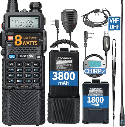 BAOFENG UV-5R 8W Ham Radio Long Range Handheld UV5R Dual Band VHF UHF Baofeng Radio with 3800mAh+1800mAh Battery,Speaker Mic and Programming Cable Walkie Talkies Full Kit