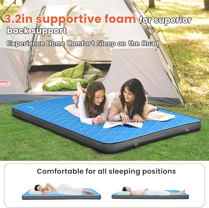 3.2" Ultra Thick Self Inflating Sleeping Pad, Fast Inflating Camping Mattress with Memory Foam, Camping Mat with Pillow & Pump Sack, 4 Season Insulated Sleeping Pad for Camping, Tent