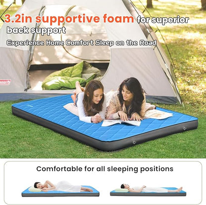 3.2" Ultra Thick Self Inflating Sleeping Pad, Fast Inflating Camping Mattress with Memory Foam, Camping Mat with Pillow & Pump Sack, 4 Season Insulated Sleeping Pad for Camping, Tent