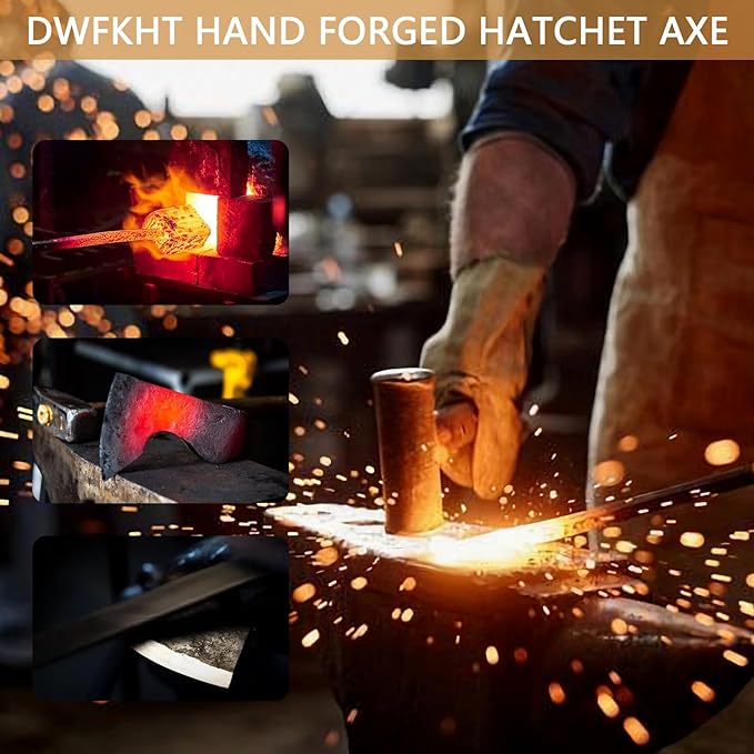 14.3" Hatchet, Camping Axe, Hand Forged Axe with Sheath, Bushcraft Axe with 1065 Carbon Steel and Beech Handle for Wood Splitting and Chopping – Perfect for Outdoor Survival and Adventures