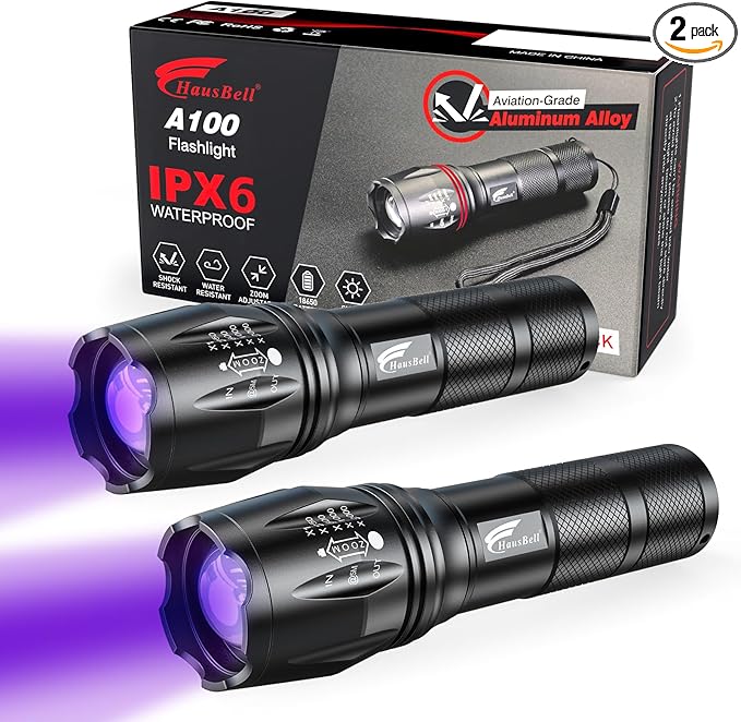 HAUSBELL 365 nm UV Flashlight Black Light Flash Light, Zoomable Blacklight Flashlights with Five Modes for Dog Cat Urine Detection and Emergencies, UV 2 Pack