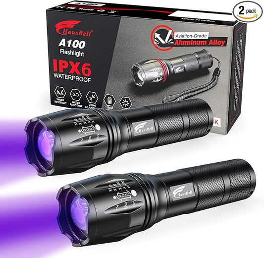 HAUSBELL 365 nm UV Flashlight Black Light Flash Light, Zoomable Blacklight Flashlights with Five Modes for Dog Cat Urine Detection and Emergencies, UV 2 Pack
