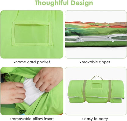Kids Sleeping Bag Toddler Nap Mat with Removable Pillow, Large Foldable Sleeping Bag for Girls Boys, Easy Clean Slumber Bag with Double Zip for Camping School Preschool Daycare, 59×24 inch