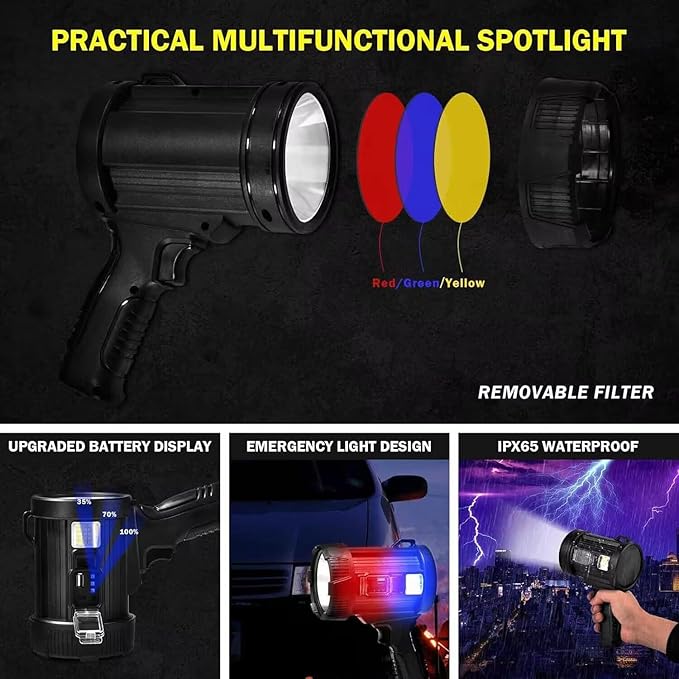 Rechargeable Spotlight,1000000LM Spotlight Flashlight with 6 Modes, IP65 Waterproof Spot Light with COB Light and Solar Panels, Handheld Spotlight Rechargeable for Hunting Boating Camping
