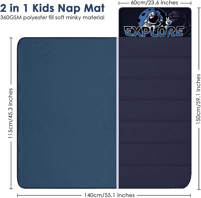 Kids Sleeping Bag Nap Mat with Removable Pillow and Blanket,Extra Thick Large 2 in 1 Slumber Bags for Boys Girls,Toddler Nap Mat for Preschool Daycare Travel Camping