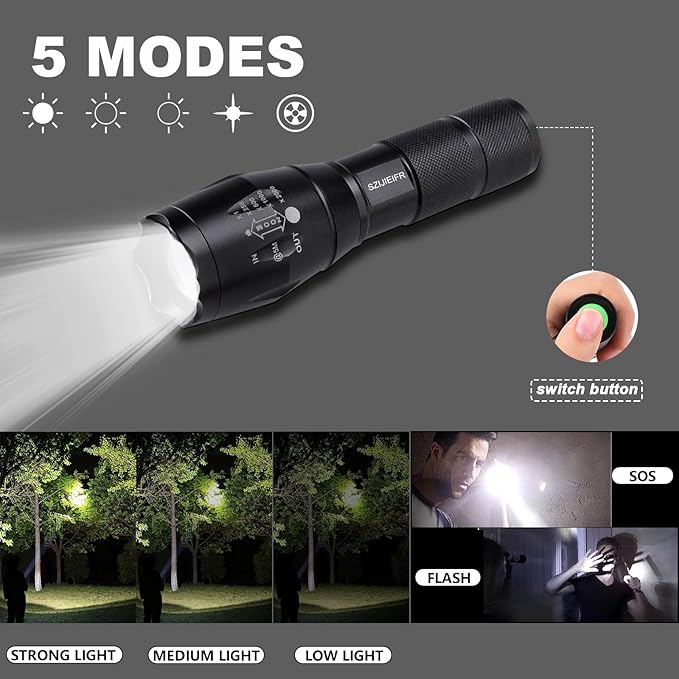 18650 Lightweight Flashlight Military Flashlight LED Pocket Flashlight Handheld Powerful Flashlight,5 Modes Zoomable, Aluminum Alloy,Waterproof for Home and Outdoor