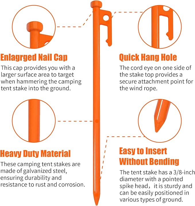 Eurmax USA 10 inch Multiuse Heavy Duty Steel Tent Stakes Tarp Pegs Camping Stakes for Outdoor Camping Canopy and tarp with 4 Ropes 10FT Length,4pcs(Orange)