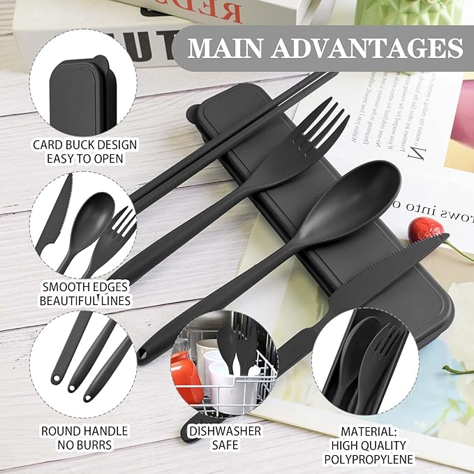 Large Reusable Travel Utensils Set with Case, Plastic Silverware Set for Adults Travel Picnic Camping, Portable Flatware Cutlery Set with Chopsticks for Daily Use(Black)